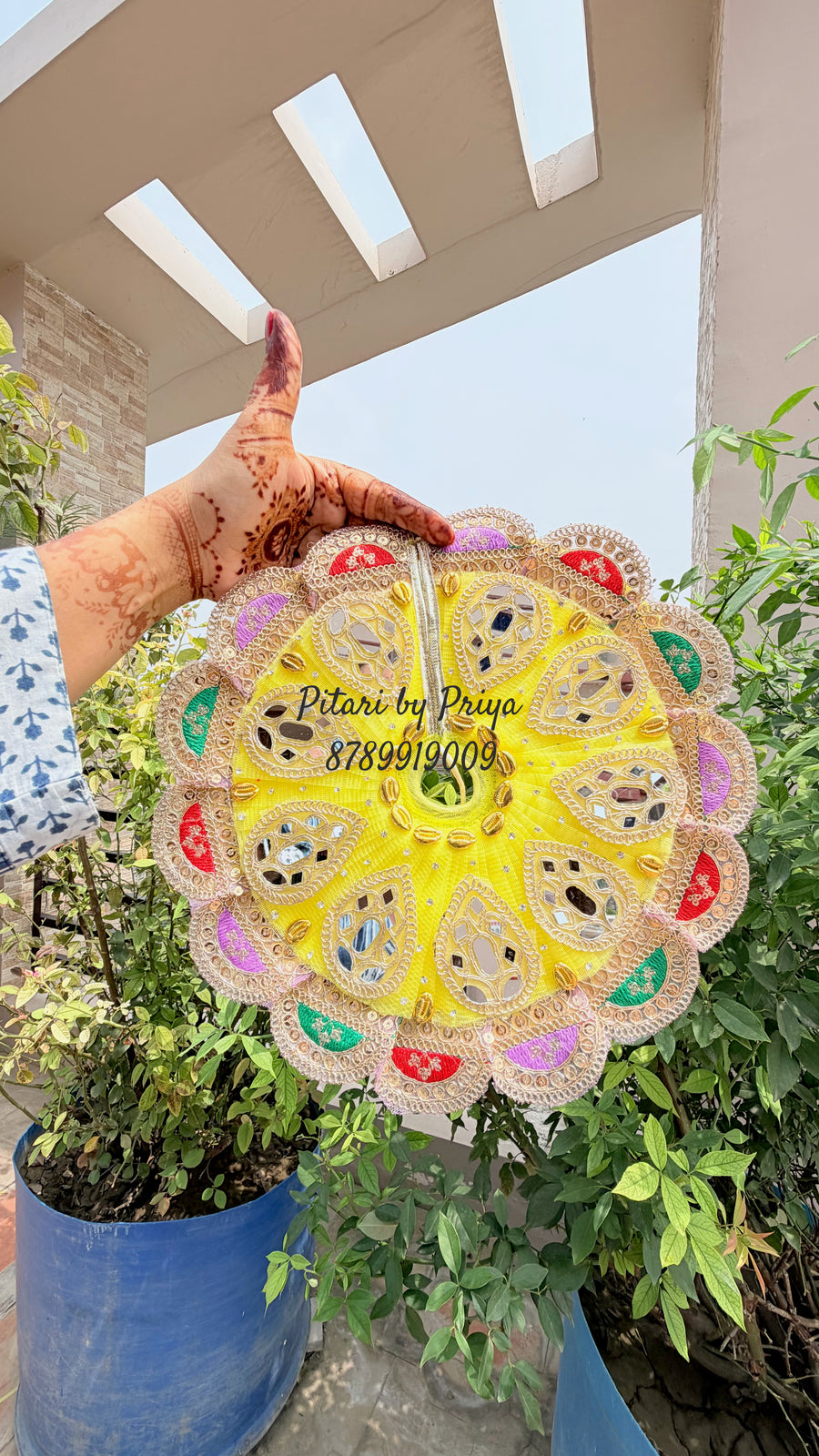 Lemon yellow multi border mirror work